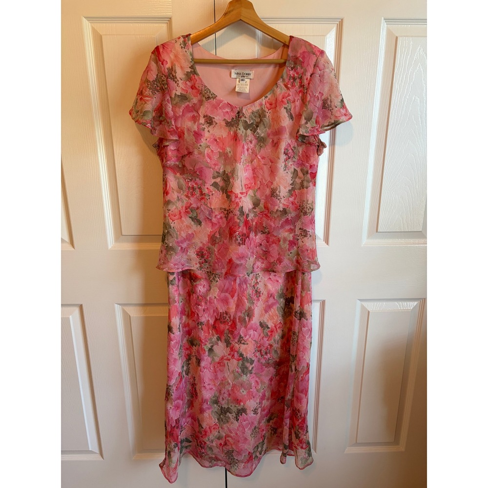 Vintage Miss Dorby Pink Floral Tiered Midi Dress Watercolor Print Size 14P